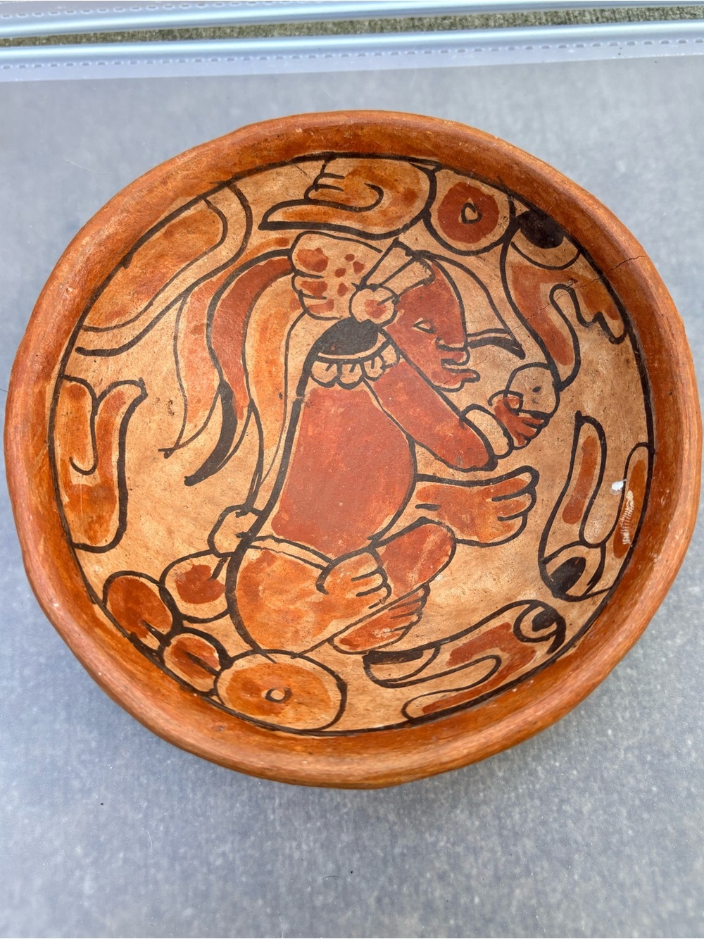 Vintage Hand Painted Mayan Style Tripod Pottery Bowl Folk Art Terracotta 8”Decor